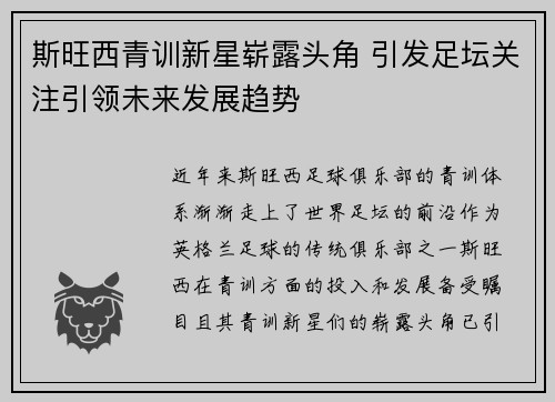 斯旺西青训新星崭露头角 引发足坛关注引领未来发展趋势